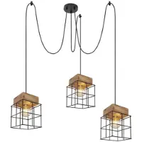 Globo Lighting Hängeleuchte Metall schwarz, Holz braun, Metall schwarz, Kabel Textil Schwarz, Käfige aus Betonstahl-Gitter, ø: 200mm, H: 3000mm, exkl. 3x E27 60W 230V