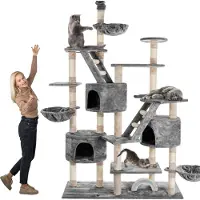 Happy pet Kratzbaum deckenhoch 260 cm hoch, Kletterbaum SAM – Großer XXL Katzenbaum Stabil für mehrere Katzen, stabile 8 cm Säulen, mit Zubehör, Grau