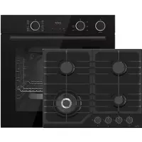 Böhme Einbaubackofen HB60F78DL Schwarz Glas mit Heißluft AirFry sowie Dampfunterstützung + Gasline Gaskochfeld 60cm Schwarz Glaskeramik mit 4 Brennern