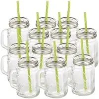 Pearl Retro-Trinkglas mit Henkel, Deckel und Trinkhalm, 12er-Set
