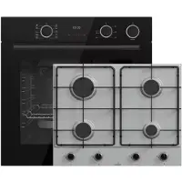Böhme Einbaubackofen HB60F78DL Schwarz Glas mit Heißluft AirFry sowie Dampfunterstützung Backofen + Gasline Gaskochfeld 60cm Edelstahl mit 4 Brennern