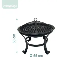 Relaxdays Feuerschale, Ø Schale 55 cm, mit Grillrost, Funkenschutz, Schürhaken, Stahl, Feuerstelle Garten, schwarz
