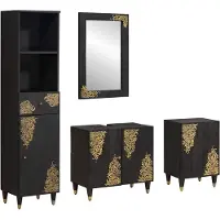 vidaXL Badezimmerschrank-Set mit Tür 4 pcs Schwarz Massivholz Mango