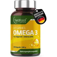 Redfood Vegane Omega 3 Kapseln | Algenöl Kapseln hochdosiert mit 1000 mg 300 mg DHA &150 mg EPA | Algenöl aus der Mikroalge Schizochytrium sp.
