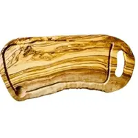 Olivenholz-Erleben Steakbrett RUSTIKAL mit Grifflasche und Saftrille, (L45-49 cm)