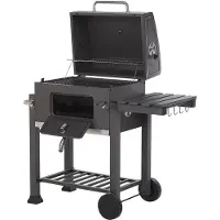 Beliani Holzkohlegrill Grau Edelstahl rechteckig mit Aktivbelüftung Deckel Kurbel Thermometer Warmhalterost Ablage Aschelade Rollen integriertem Flaschenöffner Outdoor Garten