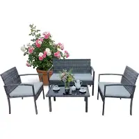 Relaxdays Gartenmöbel Set, 4-tlg. Rattan Sitzgruppe, 4 Personen, Bank, Stühle & Glastisch, Loungemöbel, outdoor, grau