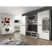 FABRYKA MEBLI IDCZAK Wohnwand Anbauwand Schrankwand TV-Lowboard Sideboard Viva mit Kommode und weißer LED-Beleuchtung (Weiß Craft+Norwegische Schwarzkiefer)