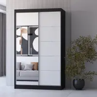 FABRYKA MEBLI IDŹCZAK Kleiderschrank Schiebetürenschrank Schrank Schwebetürenschrank 120cm Schwarz/Weiß mit Spiegel Neomi 05