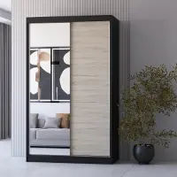FABRYKA MEBLI IDCZAK Kleiderschrank Schiebetürenschrank Schrank Schwebetürenschrank 120cm Schwarz/Sonoma Eiche mit Spiegel Neomi 05