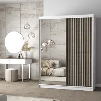 FABRYKA MEBLI IDŹCZAK Schwebetürenschrank Kleiderschrank Schrank 150 cm Weiß/Sonoma mit Spiegel LED und Lamellen LAMI S