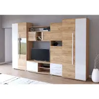 FABRYKA MEBLI IDCZAK Wohnwand Anbauwand Schrankwand TV-Lowboard Sideboard Laura mit RGB-Beleuchtung (Golden Craft Eiche/Weiß Semigloss)