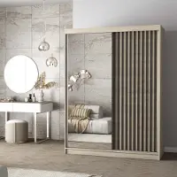 FABRYKA MEBLI IDŹCZAK Schwebetürenschrank Kleiderschrank Schrank Schiebetürenschrank 150cm Sonoma/Sonoma mit Spiegel LAMI S