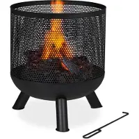 Relaxdays Feuerkorb, Mesh Design, Feuerrost, Schürhaken, Feuer im Garten, Feuertonne, Stahl, HxD: 53 x 44 cm, schwarz