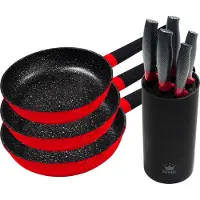 King 9tlg. Geschenkset: Ø20cm Bratpfanne SHINE RED + Ø24cm Bratpfanne SHINE RED + Ø28cm Bratpfanne SHINE RED + 6tlg. Messerset CARBON RED LINE inkl. Messerblock