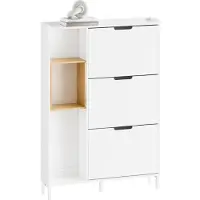 SoBuy Schuhschrank, schmal, Weiß, Bambus, mit 3 Klappen, offener Holzrahmen, platzsparendes Design, vielseitige Aufbewahrung für den Flur, 90 x 19 x 129,5 cm