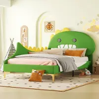 STILVORA Kinderbett 90×200cm Polsterbett Einzelbett mit Lattenrost,Jugendbett Einzelbett mit Kopfteil in Dinosaurierform,Grün (mit Matratze)