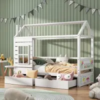 MODFU Kinderbett 90x200cm mit Lattenrost und 2 Schublade, Hausbett Jugendbett Massivholzbett mit Rausfallschutz Fenster, Weiß(Ohne Matratze)