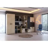 FABRYKA MEBLI IDCZAK Wohnwand Anbauwand Schrankwand 350 cm mit Schreibtisch Farbe: ESCHE+CANTERBURY EICHE NELLY