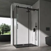 Doporro Duschkabine Eckdusche 75x150x195cm Duschabtrennung schwarz 8mm ESG-Sicherheitsglas Klarglas Schiebetür Soft-Close inkl.NANO Ravenna19