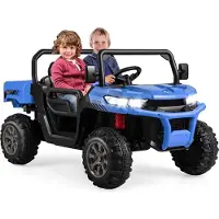 Goplus Kinder Elektroauto, 2-Sitzer Kinderauto mit Kippbett & Schaufel, Fernbedienung, Musik, Scheinwerfer & Hupe, 12V Kinderfahrzeug mit Slow-Start-Funktion & Sicherheitsgurt (Blau)