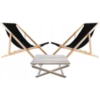 Woodok Set 2x Liegestühlen schwarz mit Couchtisch Tisch aus Holz