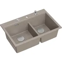 Quadron Spülbecken 2-Becken Spüle | Größe: 76 x 50 x 23.5 cm | MARC 120 | Granitspüle aus GraniteQ mit Siphon + Spender + Platte | Soft Taupe + Stahl