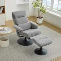 OKWISH Relaxsessel mit elektrischer Heizfunktion,Liegestuhl mit Hocker,360° drehbar mit Liegefunktion und 5-Punkte-Massage,Polstersessel aus Chenille-Stoff,Grau