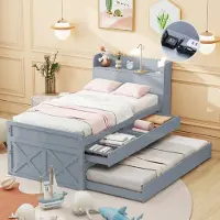 Fortuna Lai Kinderbett Einzelbett 90x190cm mit ausziehbarer Schublade Lattenrost, Nachttisch mit Ablagen mit USB-Buchse Massivholzbett Kiefer Multifunktionales Jugendbett Gästebett Grau