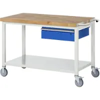 RAU Werkbank Serie 8001, fahrbar, mit Schublade, mit Ablageboden, B 1250 x T 700 x H 880 mm