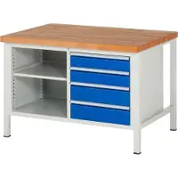 RAU Werkbank mit 2 Ablageböden - 4 Schubladen - Teilauszug - 120:2 / 150:2 - 840 x 1.250 x 900 mm (HxBxT) - Traglast 1.250 kg - Buche
