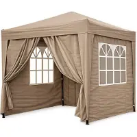 Quick Star Faltpavillon 2 x 2 m Braunbeige, 4 Easy-Klett Seitenwände (2 Reißverschlüsse, 2 Fenster), Pop Up Pavillon Faltbar, mit Tragetasche