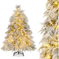 Costway Künstlicher Weihnachtsbaum mit Schnee, Tannenbaum mit warmweißen LED-Lichtern & 279 Zweigspitzen, Christbaum mit Metallständer, Festbaum Kunstbaum für Festdekoration Indoor Outdoor (150cm)