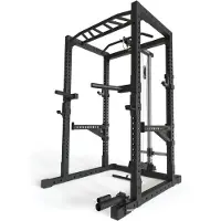 ATLETICA R7-Cage Power Rack | 220 cm Höhe | Mit Latzug- und Ruderstation, Multi-Grip Pull-Up Bar, Dip-Barren, Spotter Arme, 4 J-Hooks und Landmine