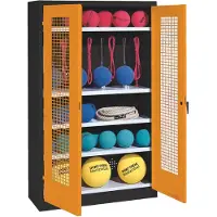 C+P Sportgeräteschrank mit Lochblech-Flügeltüren (Typ 2), HxBxT 195x120x50 cm, Ergo-Lock Muldengriff, Goldgelb (RAL 1004), Anthrazit (RAL 7021), Einzelschließung