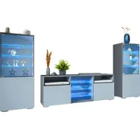 Vladon Wohnwand Granada, Anbauwand bestehend aus 2 Vitrinen und 1 TV-Board, Anthrazit matt/Denim matt inkl. LED-Beleuchtung (286 x 122,5 x 35 cm)