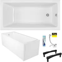 Excellent ECOLAM Badewanne Wave 130x70 cm + Schürze | kleine Acrylwanne raumsparend Rechteck I Ablaufgarnitur VIEGA Füße Silikon Komplett-Set