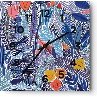 ARTTOR Wanduhr - Quadrat - Glasuhr - Blumen Blätter Illustration Tropen - 30x30cm - Schleichendes Uhrwerk - Lautlos - zum Aufhängen bereit - Dekoration Modern - Wanddekoration aus Glas - C4AC30x30-2944