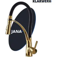 KLARWERK JANA | Edelstahl flexibel schwenkbare Küchenarmatur Gold glänzend | Mischbatterie hoher Bogen | Wasserhahn Hochdruck 360° 2 Anschlüsse Gastro