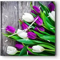 ARTTOR Wanduhr - Quadrat - Glasuhr - Tulpen Holz Blumenstrauß Blumen - 40x40cm - Schleichendes Uhrwerk - Lautlos - zum Aufhängen bereit - Dekoration Modern - Wanddekoration aus Glas - C3AC40x40-2833
