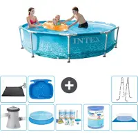 Intex Rundrahmen-Schwimmbecken – 305 x 76 cm – Wasserdruck – inklusive Pumpe Sonnensegel - Wartungspaket - Filter - Bodenplane - Solarmatte - Leiter