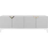 Visby Demi Kommode Mit Gefrästen Fronten / Massive Buche / TV-Lowboard Mit 4 Türen / TV-Schrank Mit Dekorativen Fronten Und Goldgriffen / 200 Cm / Weiße beine / Weiß