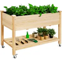 Coast Hochbeet 120x59x84 cm, Erhöhtes Pflanzkübel aus Holz mit Ablagefach, feststellbaren Rädern&Schutzfutter, Pflanzkasten Kräuterbeet Blumenkasten