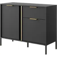Bettso Klein Kommode Sideboard mit Goldene Griffe 2 Türen und Schubladen LARS 103 cm Schwarz Anthrazit