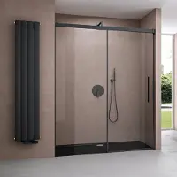 Doporro Duschtür Nischentür dusche 140x195cm Duschwand schwarz ESG-Sicherheitsglas Duschabtrennung Soft-Close Klarglas inkl. Nano-Beschichtung Teramo12