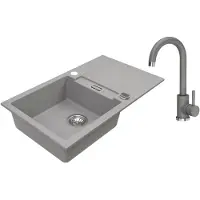 VBChome Granitspüle 76 x 44 cm Grau mit Armatur Einzelbecken Einbauspüle Reversibel Gesprenkelt Pflegeleichtes Spülbecken mit Siphon