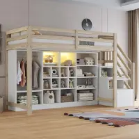 OKWISH Hochbett 90x200 Jugendbett mit LED-Beleuchtung und Kleiderschrank,Einzelbett mit Stauraumregale und Integrierter Seitenleiter mit Stauraum,Natur+Weiß(mit Matratze)