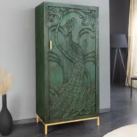 Riess Highboard PEACOCK 170cm grün massives Mangoholz 3D Schnitzerei Pfauenoptik antik
