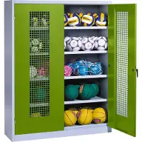 C+P Ballschrank mit Lochblech-Flügeltüren (Typ 3), HxBxT 195x150x50 cm, Ergo-Lock Muldengriff, Clowngrün (RAL 110 80 60), Lichtgrau (RAL 7035), Einzelschließung