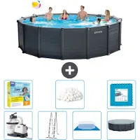 Intex runder Pool mit graphitgrauem Paneel – 478 x 124 cm – inklusive Pumpe – Leiter – Bodenplane – Abdeckung Wartungspaket - Filterbälle - Bodenfliesen